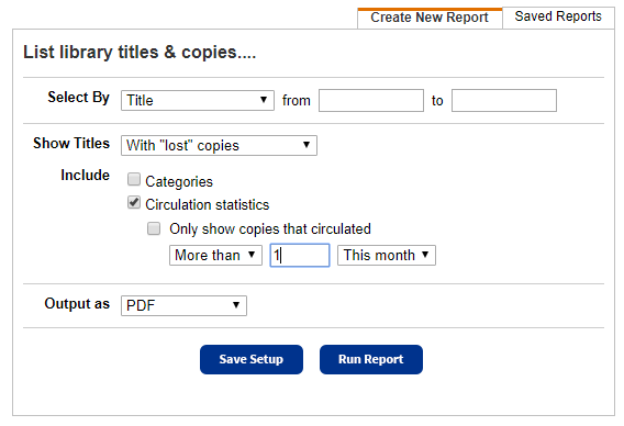 Page showing options to include Circulation statistics.