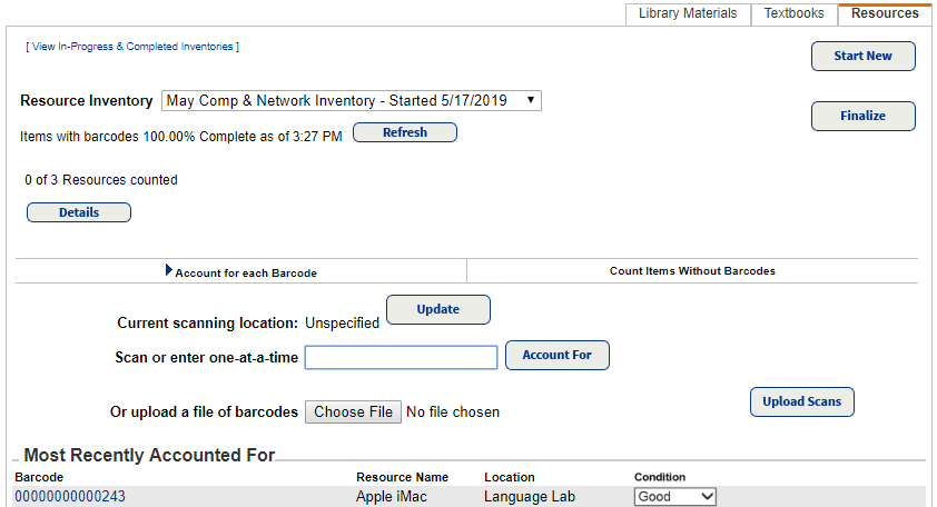 Resource Inventory of a recently accounted for item using Condition drop-down.