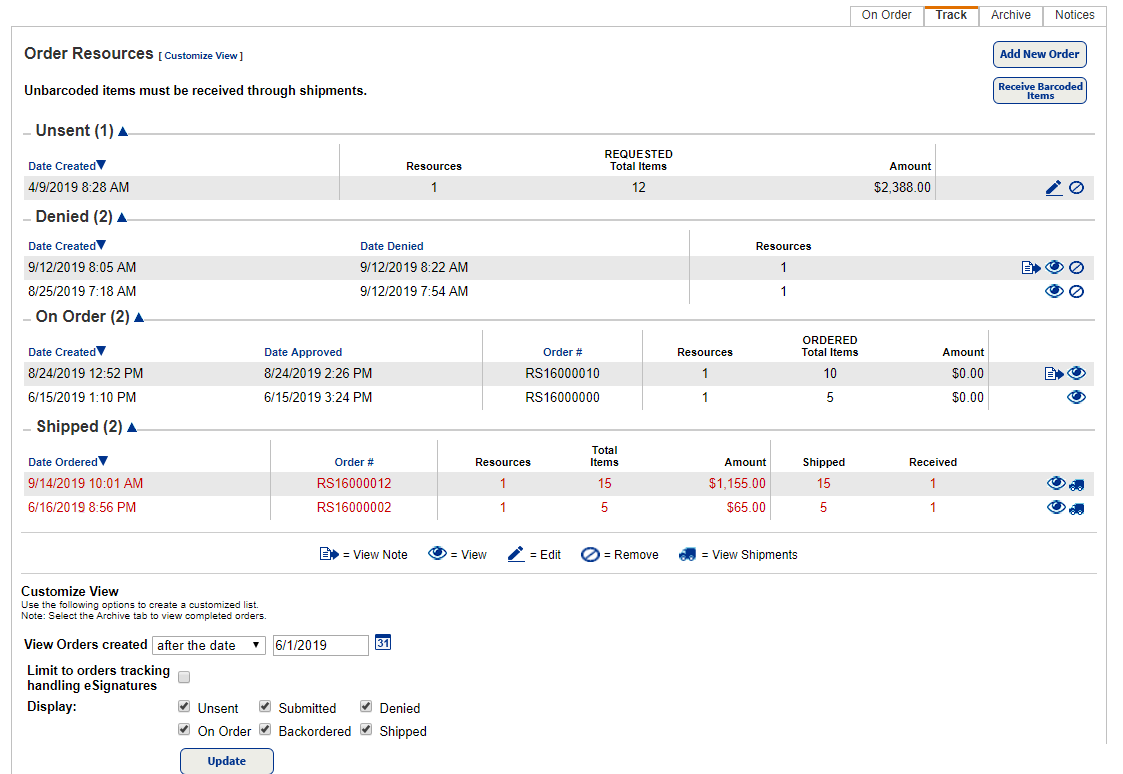 Track sub-tab of the Resource Orders page.